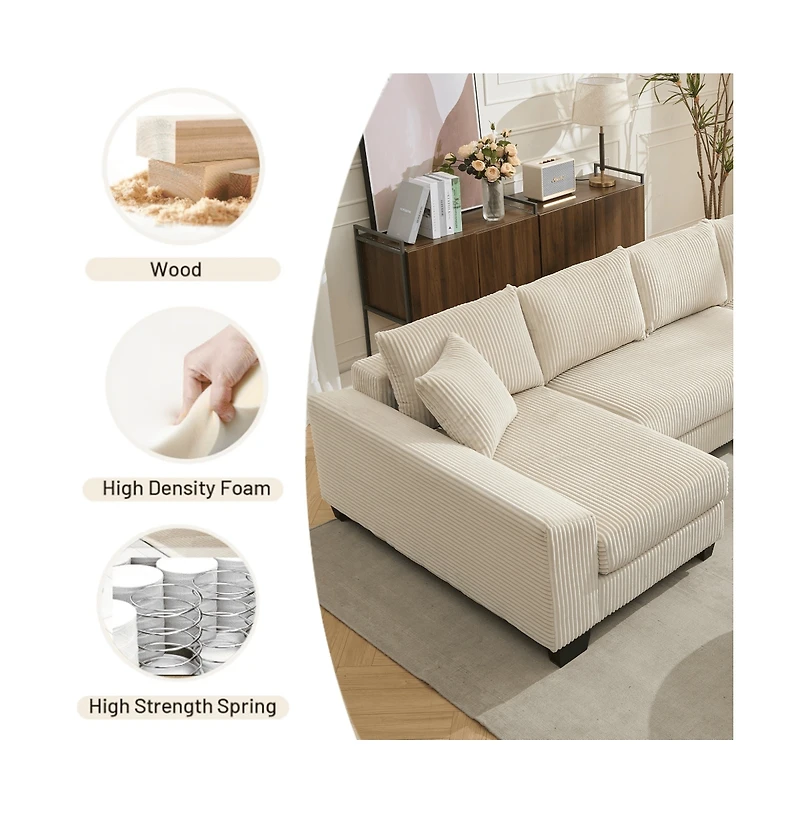 Maison Boucle 114" U-Shaped Corduroy Upholstery Pull-Out Sleeper Bed, Oversized Convertible Sectional, Chaise Lounges, Pillows & Cushions Sofa Be