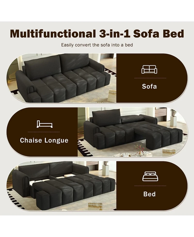 Maison Boucle Modern 4-Seat Teddy Fabric Sleeper Sofa with Storage, 90" Pull-Out Couch Bed, King Convertible for Living Room