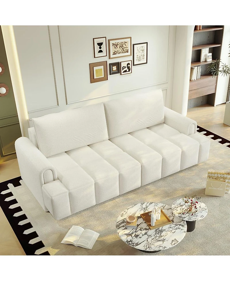 Maison Boucle Modern 4-Seat Teddy Fabric Sleeper Sofa with Storage, 90" Pull-Out Couch Bed, King Convertible for Living Room