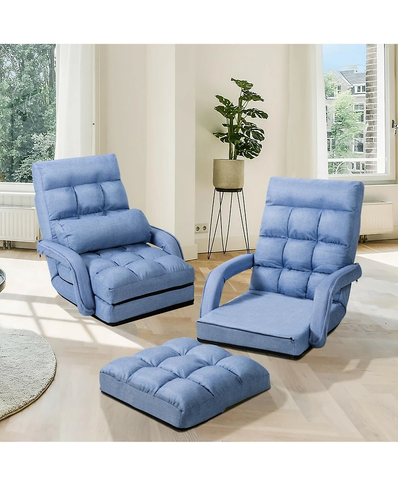 Gymax Blue Folding Lazy Sofa Floor Chair Sofa Lounger Bed with Armrests and Pillow