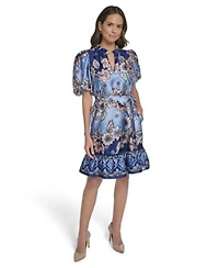Vince Camuto Womens Bubble Sleeve Trapunto Sash Trap Float Dress