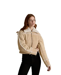 Furniq Uk Women's Cropped Suede Shearling Jacket