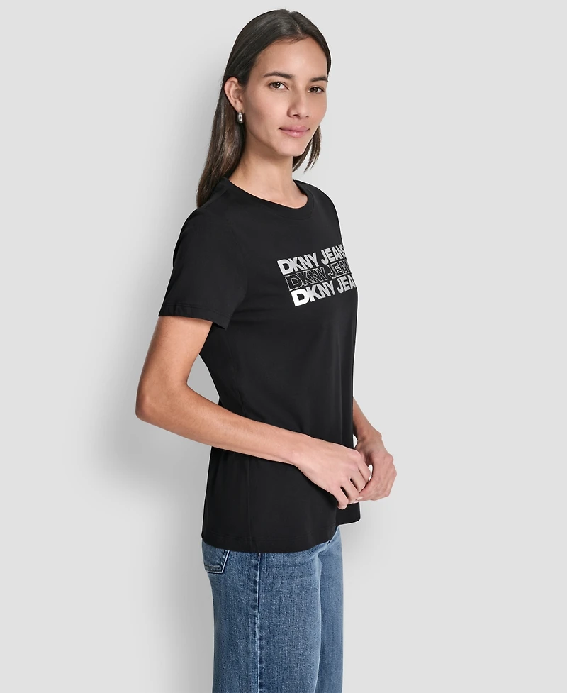 Dkny Jeans Women's Double Foil Horizontal Outline Stud Logo T-Shirt