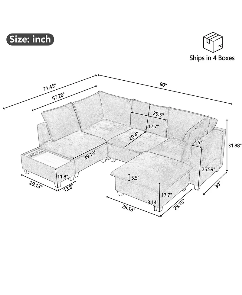 Streamdale 90" U-Shaped Sectional Sofa w/ Ottoman & Charging Table