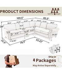 Streamdale Furniture Dark Gray Chenille Sectional Sofa, Rivets, Rolled Arm, 6 Seater