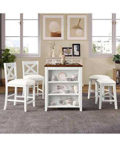 Streamdale 5 Pieces Counter Height Rustic Farmhouse Dining Room Wooden Bar Table Set with 2 stools and 2 Chairs, White