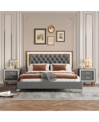 Streamdale Furniture Queen Upholstered Led Bed Set with 2 Nightstands