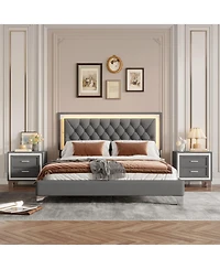Streamdale Furniture Queen Upholstered Led Bed Set with 2 Nightstands