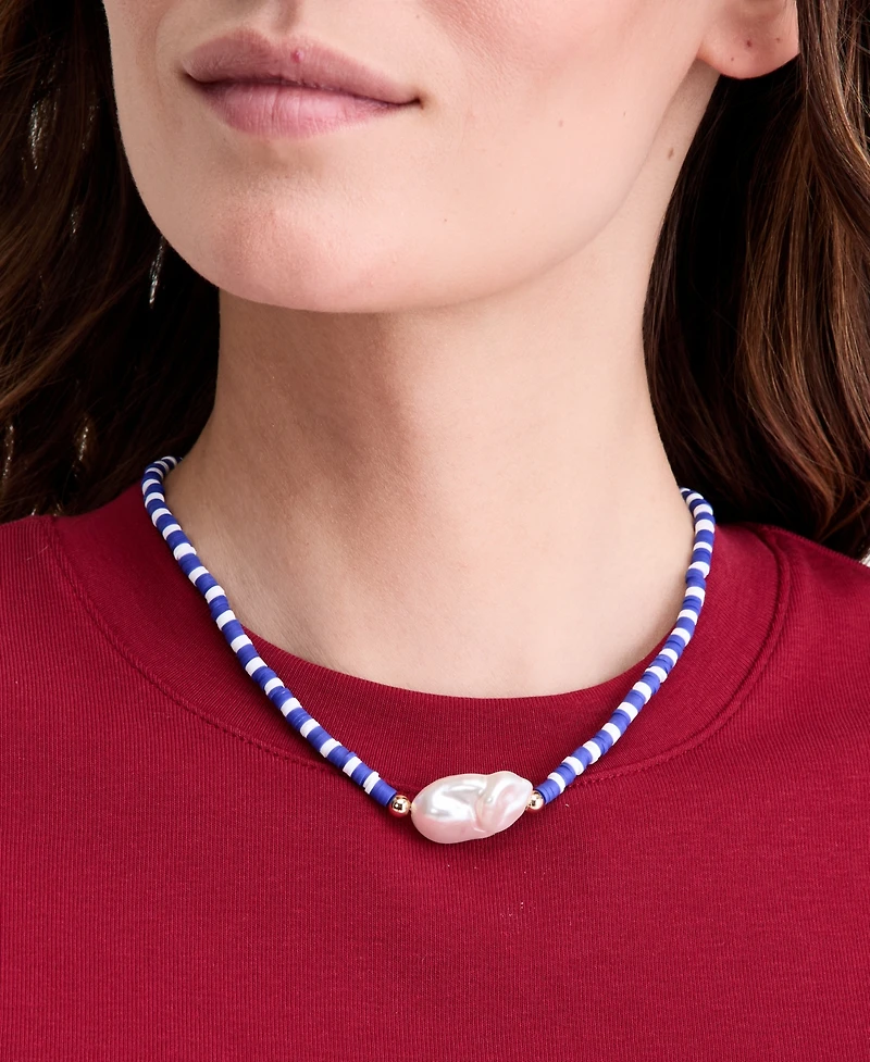On 34th Gold-Tone Blue Bead & Imitation Pearl Collar Necklace, 16" + 2" extender, Macy's Exclusive