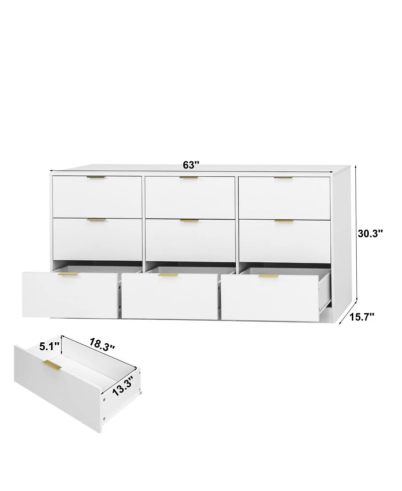 Streamdale Furniture White 9 Drawer Dresser, 63" Large Chest of Drawers