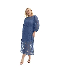 June & Vie Women's + Puff Sleeve Lace Midi Dress
