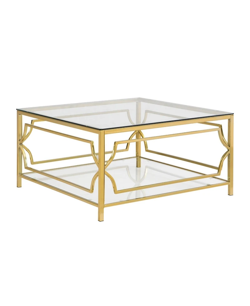 Streamdale Furniture Square Glass Coffee Table, Gold Geometric Frame, Lower Shelf