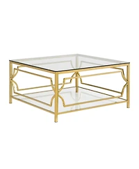 Streamdale Furniture Square Glass Coffee Table, Gold Geometric Frame, Lower Shelf