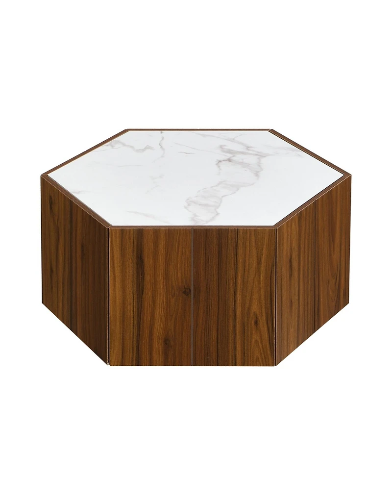 Streamdale Furniture Rustic Hexagonal Coffee Table, Drawers, Marble Top, Light Oak