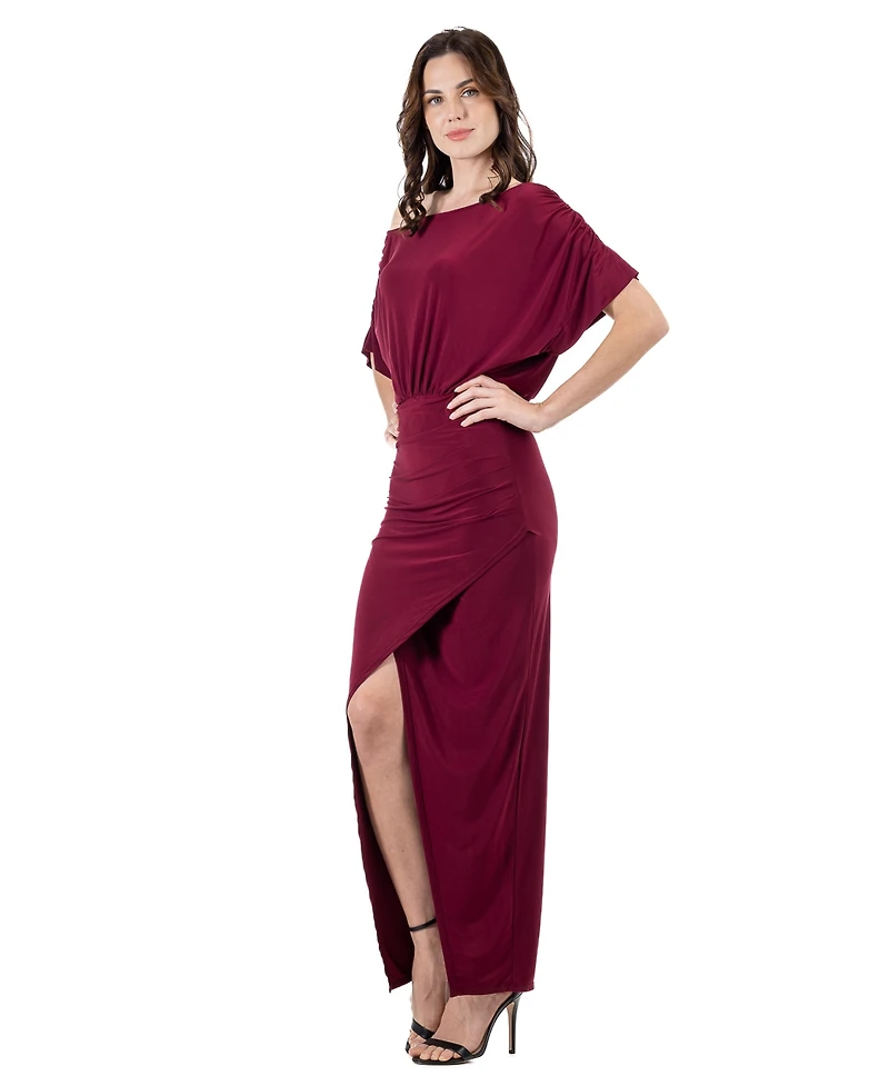 24seven Comfort Apparel Women's Boat Neck Batwing Sleeve Slit Maxi Dress