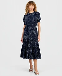 T Tahari Women's Floral-Print Smocked-Waist Elbow-Sleeve Dress