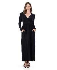 24seven Comfort Apparel Women's Long Sleeve V-neck Side Slit Maxi Dress