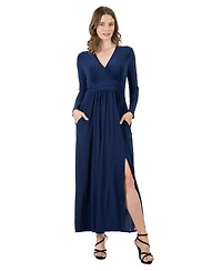 24seven Comfort Apparel Women's Long Sleeve V-neck Side Slit Maxi Dress