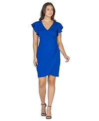 24seven Comfort Apparel Women's V-neck Ruffle Sleeve Knee Length Dress