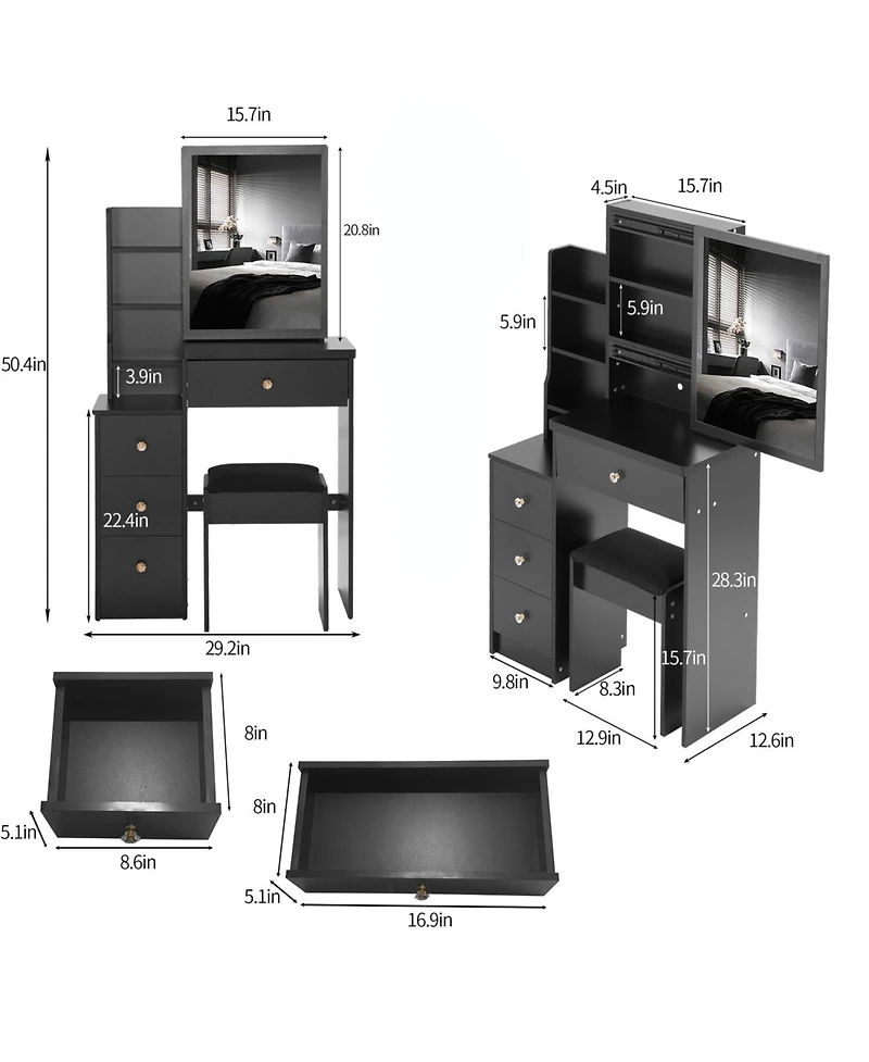 Streamdale Furniture Compact Vanity Set Sliding Mirror, Storage Drawer, Cushioned Stool, Epa/Gcc/Ul Certified
