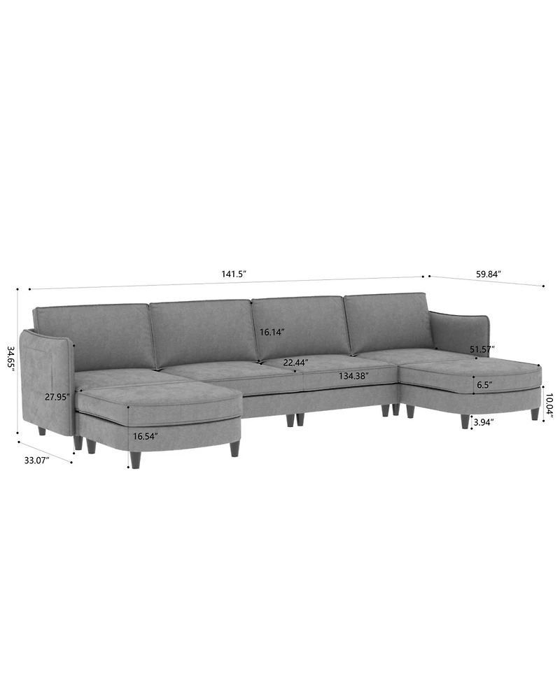Streamdale 141.5" U-Shaped Sofa Couch with Ottoman & Pockets