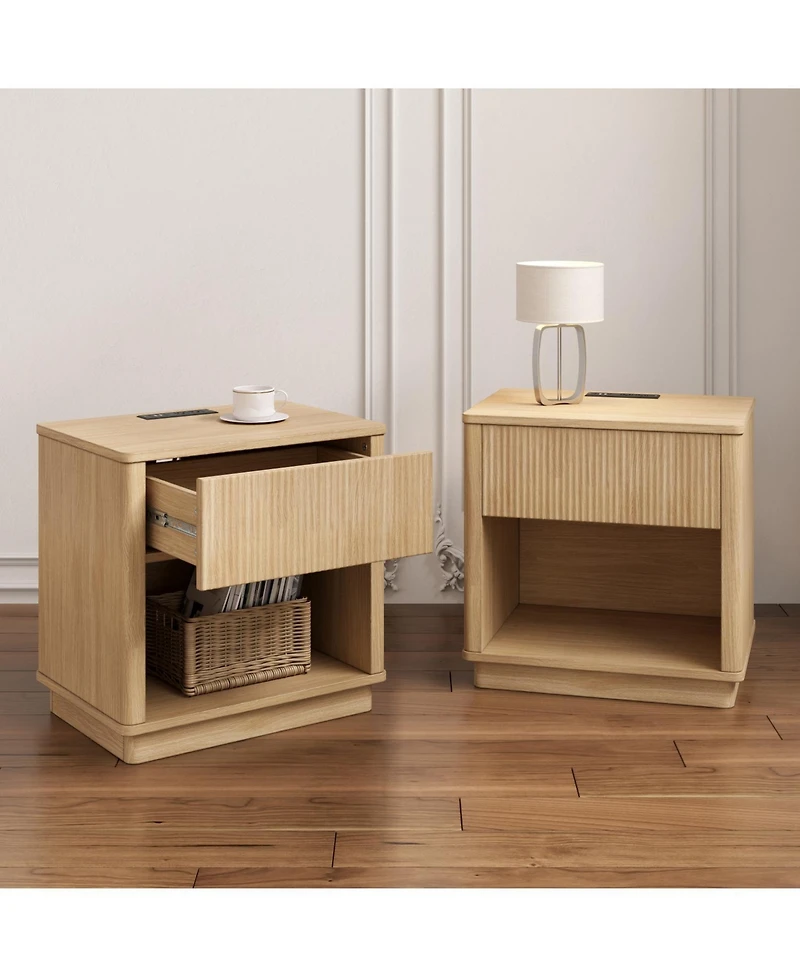 Streamdale Charging Nightstand Set of 2, Usb Bedside Tables with Drawer, Natural