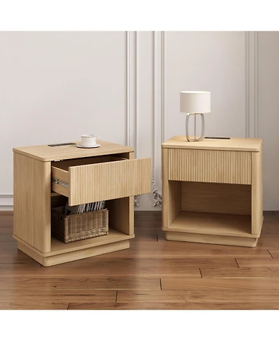 Streamdale Charging Nightstand Set of 2, Usb Bedside Tables with Drawer, Natural
