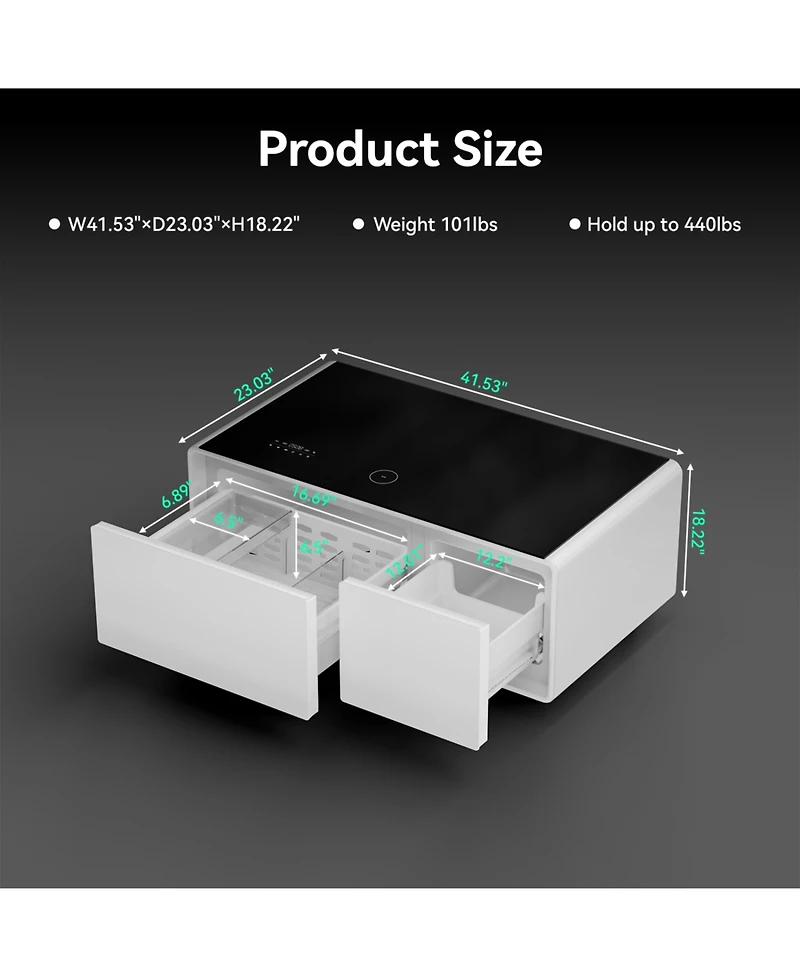 Streamdale Furniture Smart Coffee Table Fridge/Freezer, Bluetooth, Wireless Charge, Usb, Light - White