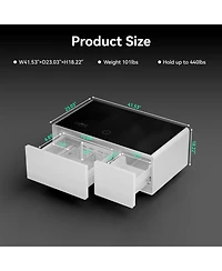 Streamdale Furniture Smart Coffee Table Fridge/Freezer, Bluetooth, Wireless Charge, Usb, Light - White