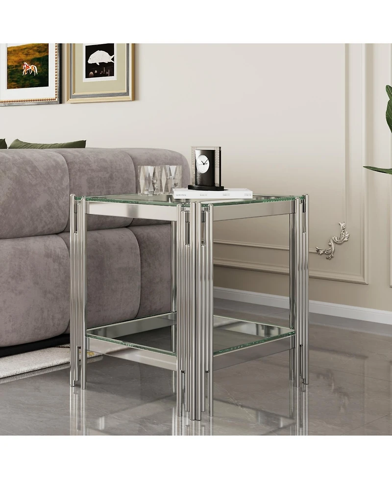 Streamdale Furniture Modern Tempered Glass Top End table with Silver Stainless Steel Frame