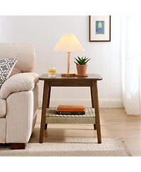 Streamdale Furniture Mid-Century Side Table with Woven Shelf - Dark Walnut