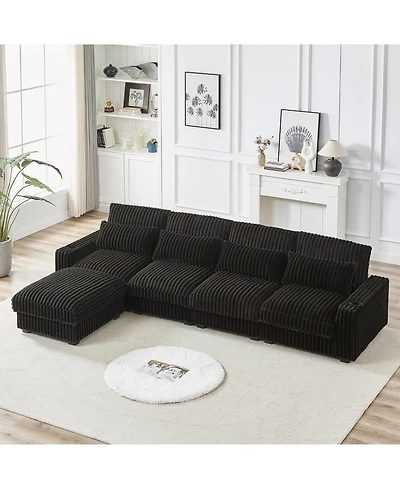 Streamdale Furniture Corduroy L-Shaped Sofa w/ Cup Holder, Usb, Pillows & Movable Footrest