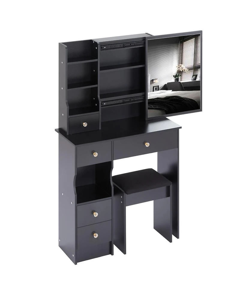 Streamdale Furniture Slim Vanity with Xl Sliding Mirror, Multi-Layer Storage, Cushioned Stool