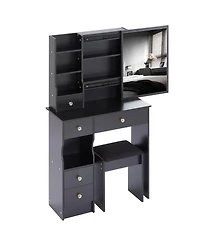 Streamdale Furniture Slim Vanity with Xl Sliding Mirror, Multi-Layer Storage, Cushioned Stool