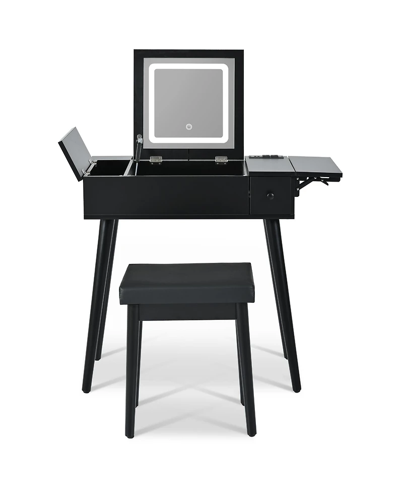 Streamdale Furniture 28" Black Vanity Desk with Flip-Top Mirror, Led Light, Charging Station, Drawers, and Stool