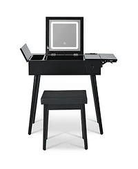 Streamdale Furniture 28" Black Vanity Desk with Flip-Top Mirror, Led Light, Charging Station, Drawers, and Stool