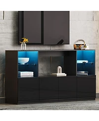 Streamdale Furniture High Gloss Tv Stand with Led Lights, Large Storage & Tempered Glass Shelves (Black, 67"Wx13.7"D)