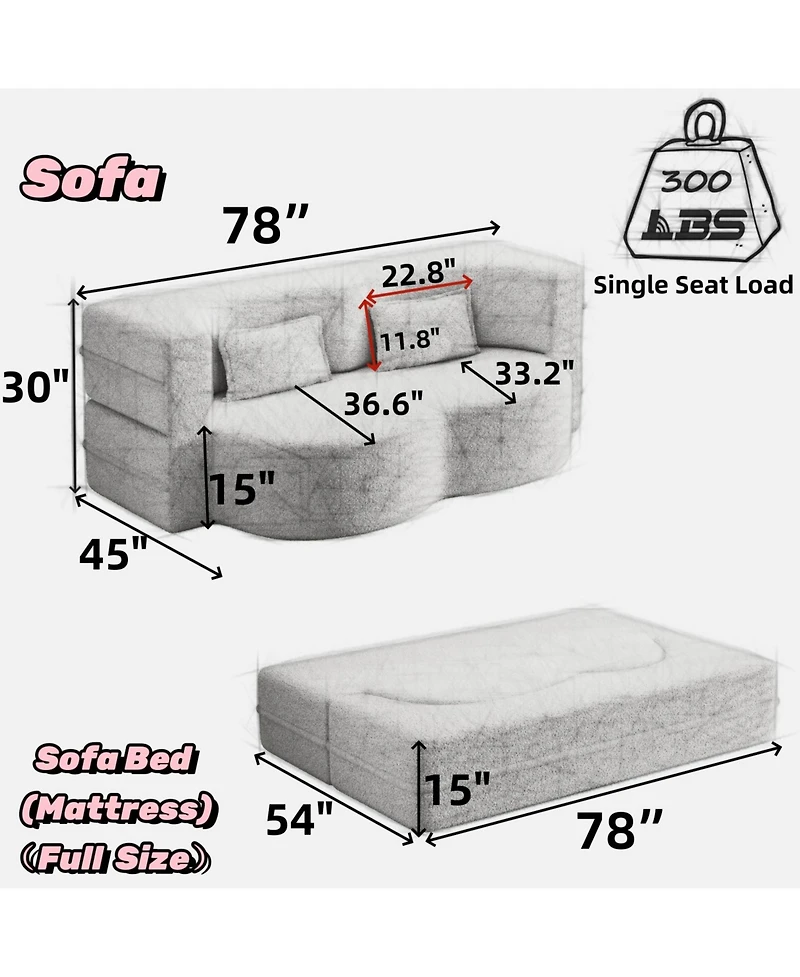 Streamdale Furniture Teddy Fabric Convertible Sleeper Sofa Bed with 2 Pillows - Burgundy