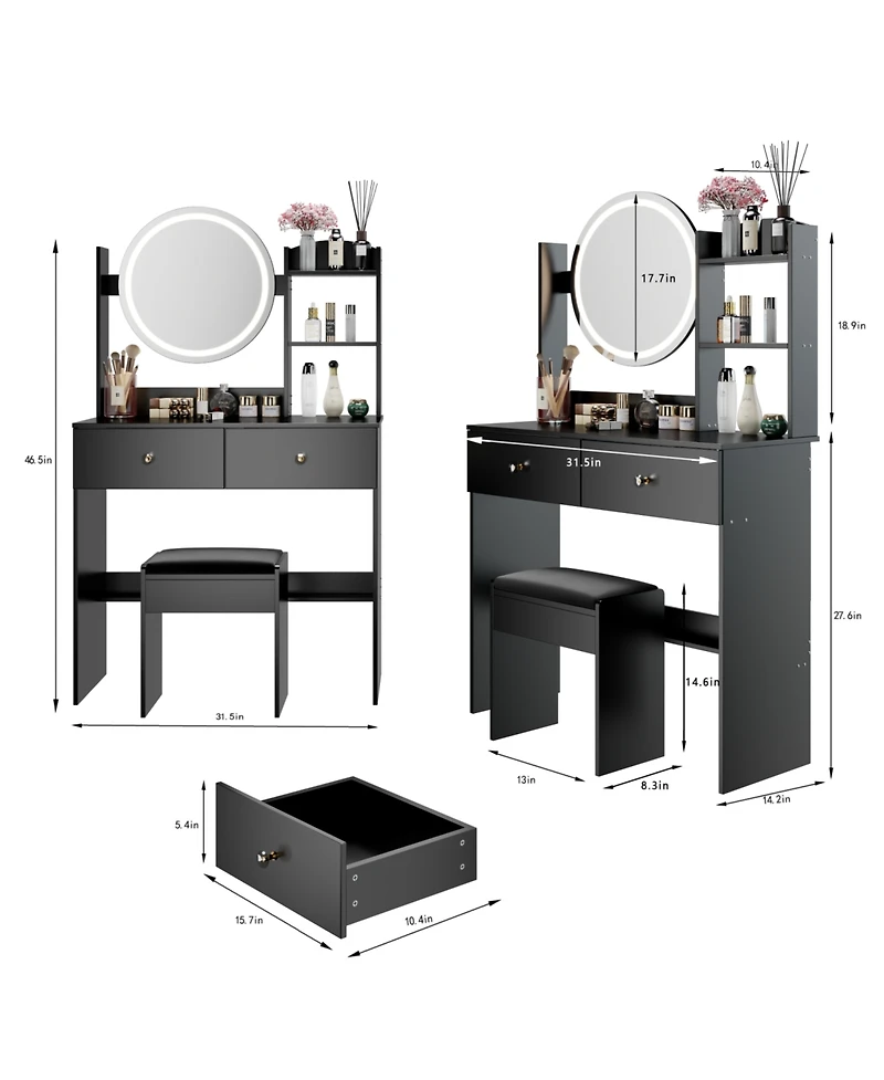 Streamdale Furniture Led Vanity Table Set (Touch 3 Colors Adjustable)