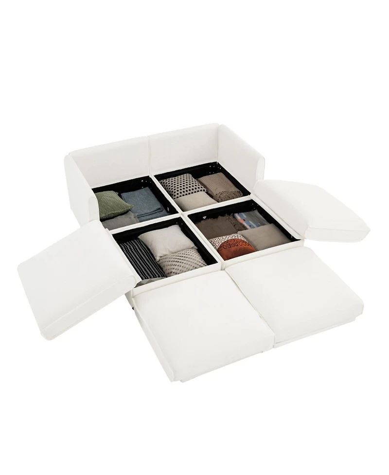 Streamdale Furniture White Chenille 2-Seater Sofa with Storage Ottomans