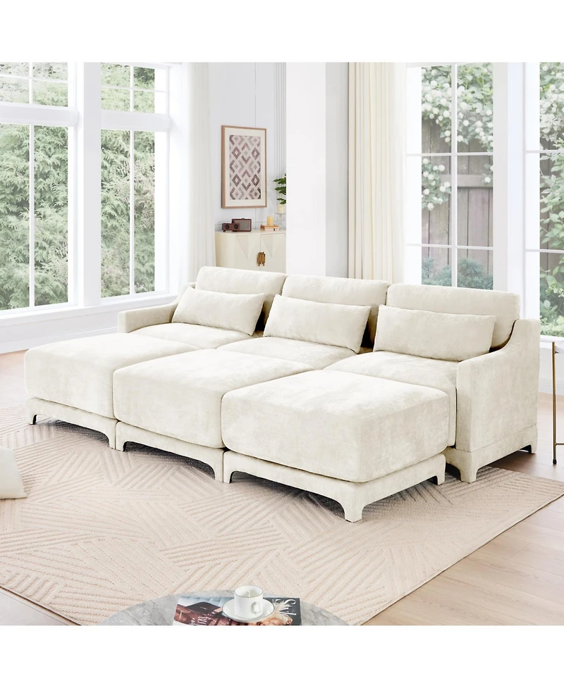 Streamdale Furniture Beige Chenille 3-Seater Sofa with Ottomans
