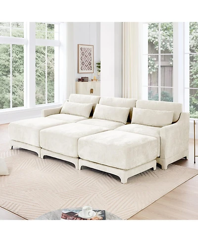 Streamdale Furniture Beige Chenille 3-Seater Sofa with Ottomans