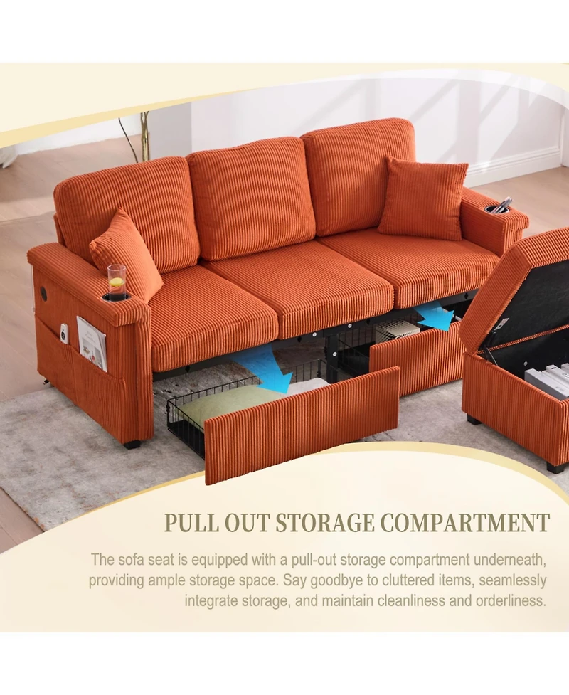 Streamdale L-Shaped Sectional Sofa w/ Storage Ottoman, Usb, Cup Holder, Corduroy