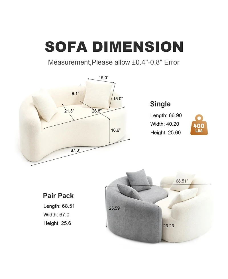 Streamdale Furniture Chenille S-Curve Sectional Sofa- Dual-Depth, White, No Assembly, Compact, 66.9"L