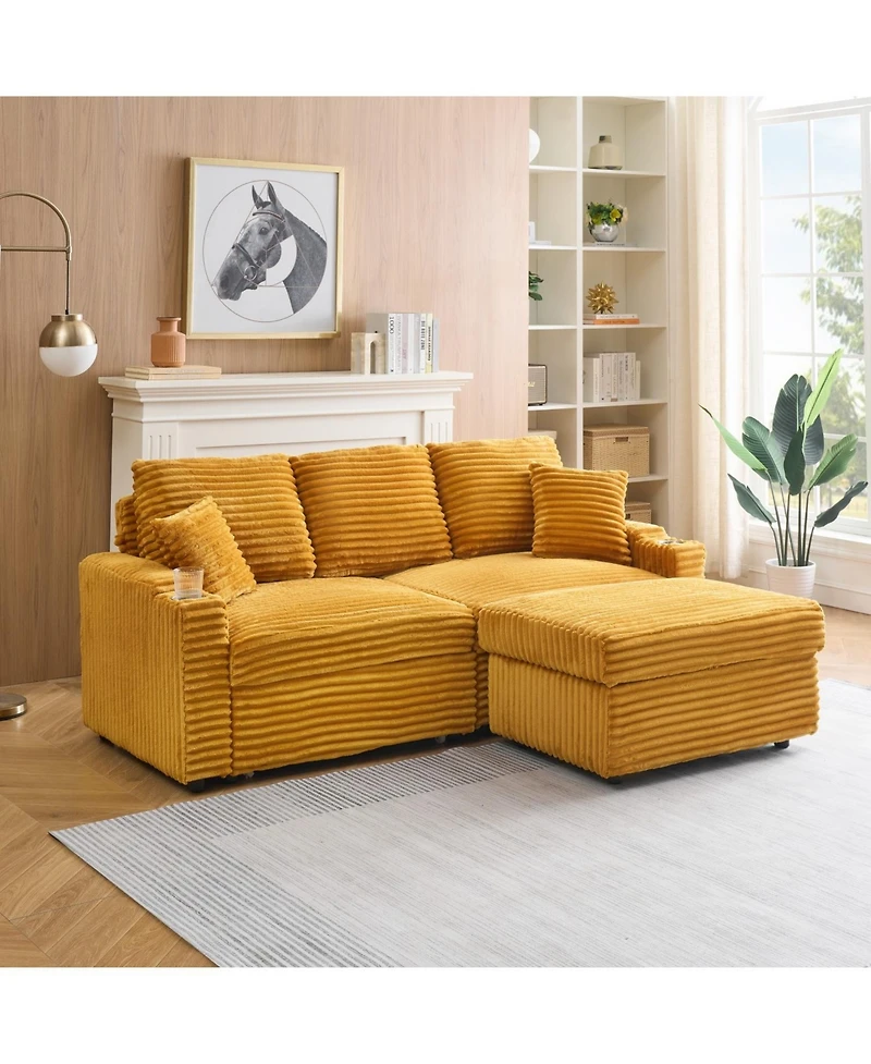 Streamdale Furniture 80" Corduroy Sofa with Reclining, Footstool, Cup Holders