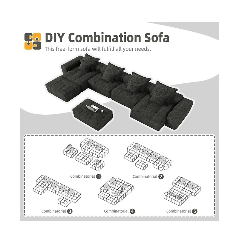 Streamdale Furniture Modern Oversized Chenille Sectional Sofa w/ 8 Pillows, Diy, Black