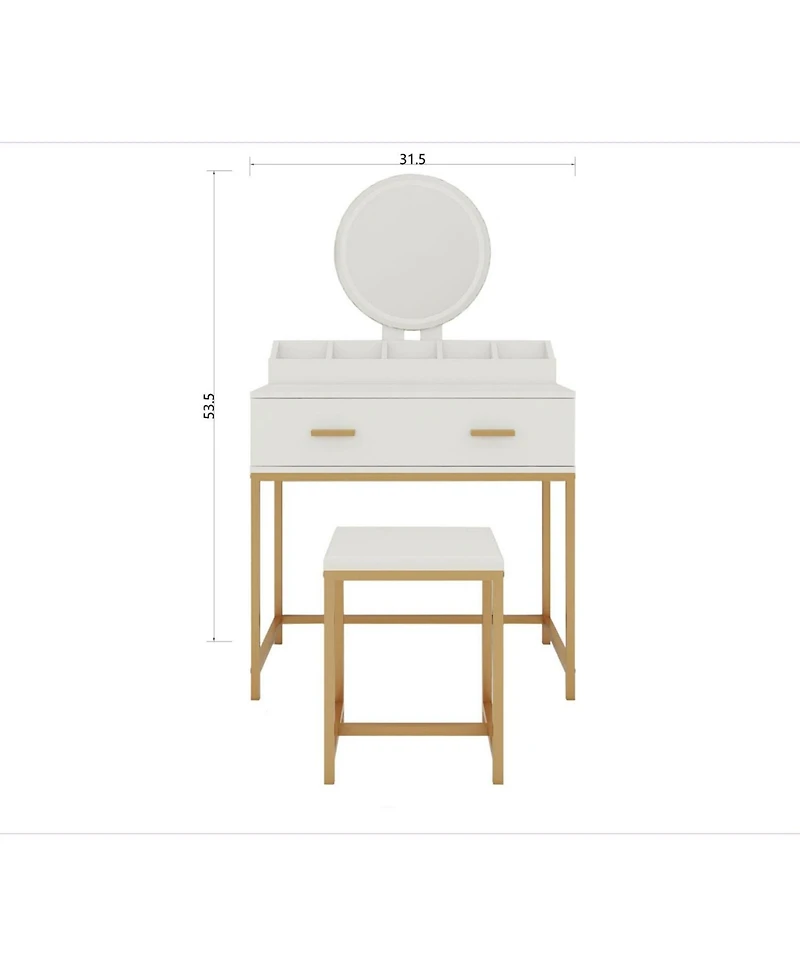 Streamdale Furniture Streamdale White & Gold Vanity Set with Mirror, Stool, Drawers & Organizer