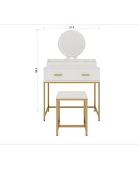 Streamdale Furniture Streamdale White & Gold Vanity Set with Mirror, Stool, Drawers & Organizer