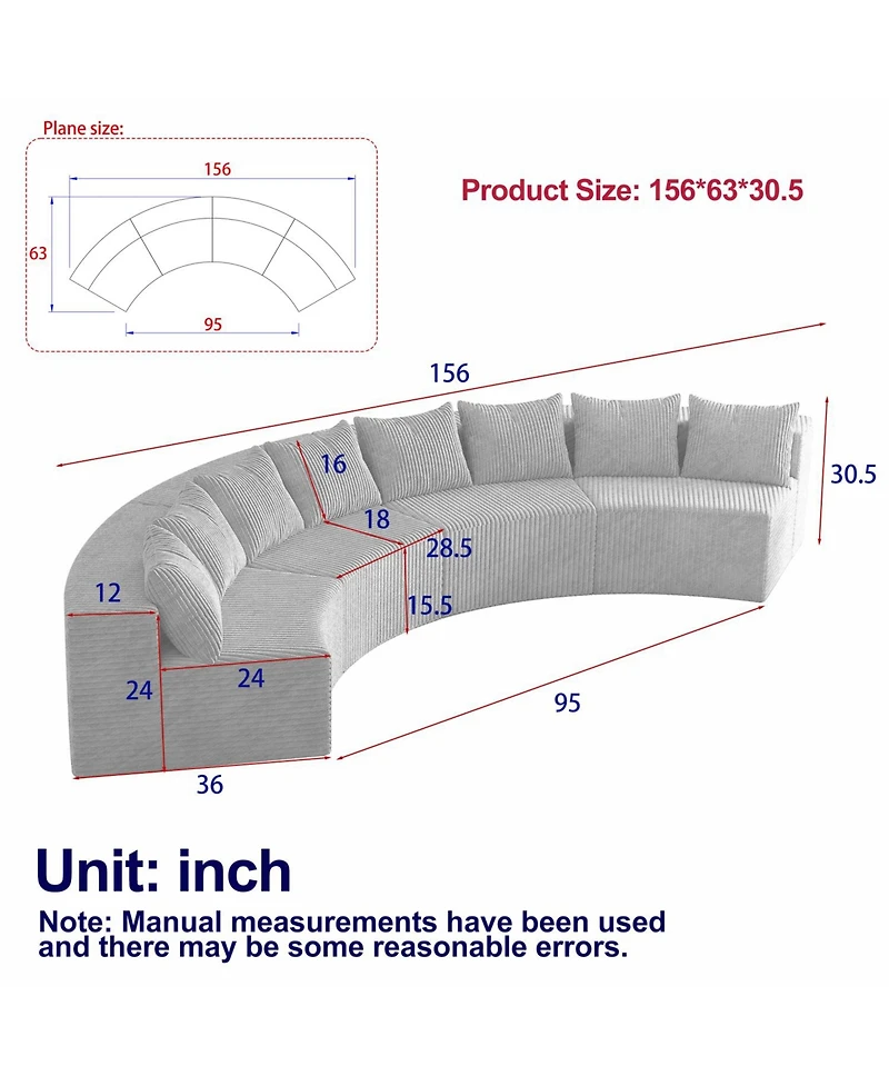 Streamdale Furniture Corduroy Curved Sectional Sofa with 8 Pillows (4 Modules