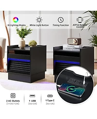 Streamdale Furniture Mid Century Nightstand with Charging & Led, 2 Drawers, Bedside/End Table, Black